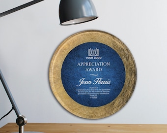 Placa de acrílico redonda personalizada: premio dorado y azul