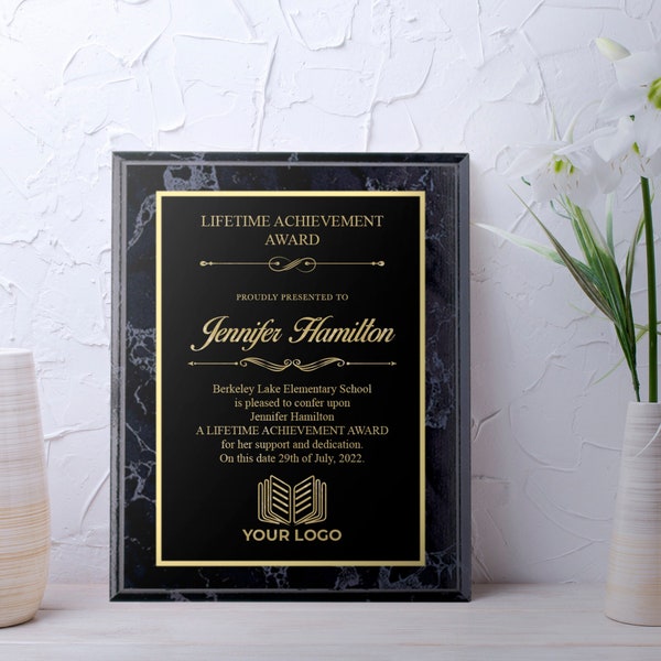 Black Marble Finish Plaque | Custom Wood Plaque Recognition | Multiple Sizes | No Engraving Fee | Corporate Award