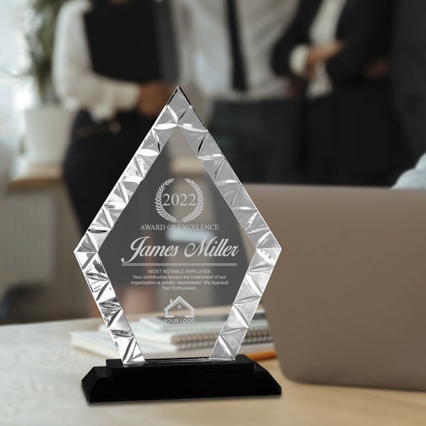 Diamond Accent Glass Award, Crystal Employee Award, Award for Church, Retirement Appreciation, Custom Award Plaques