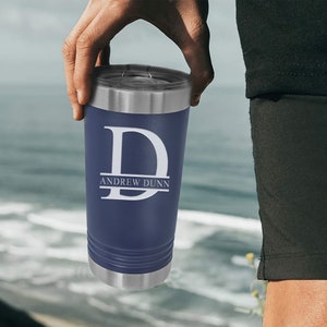 Personalized Split Letter Monogram Stainless Steel Insulated Pint Tumbler, Custom Travel Tumbler, To Go Coffee Mug, Laser Engraved Tumbler