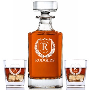 Personalized Whiskey Decanter Set: Engraved Decanter & Glasses, ShieldStar Design