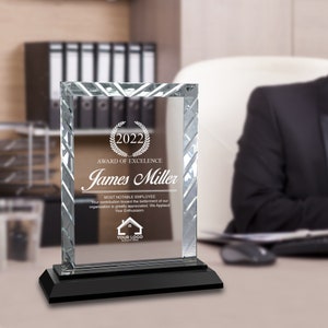 Personalized Crystal Glass Award: Rectangle Employee Recognition Plaque