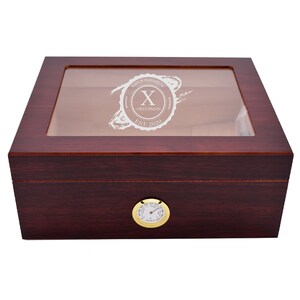 Personalized Brown Cigar Humidor 50 Count | Custom Personalized Premium Cigar Humidor Box with Hygrometer, Humidifier and Glass Top