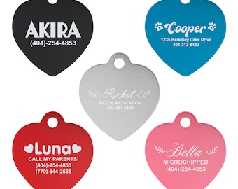 Etiqueta de identificación de mascota personalizada con forma de corazón: etiqueta de aluminio grabada para perros y gatos