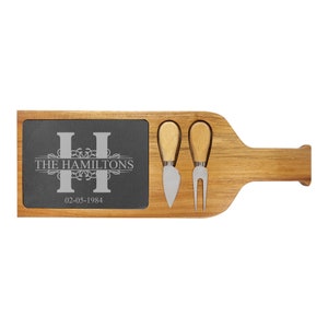 Custom Royal Monogram Slate Cheese Board with Acacia Wood & Tools