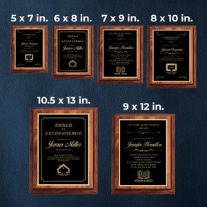 May include: A set of five wooden plaque awards in various sizes, ranging from 5x7 inches to 10.5x13 inches. The plaques feature gold trim and black backgrounds with gold lettering. The text on the plaques includes "Certificate of Recognition", "Award of Recognition", and "Lifetime Achievement Award".