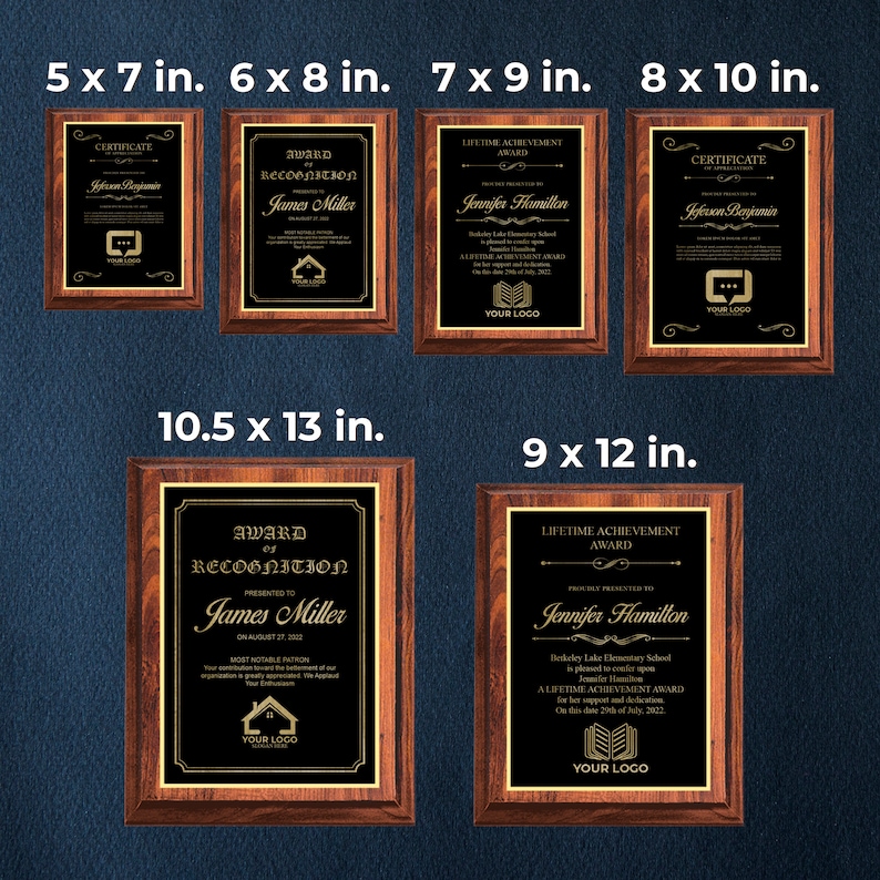 May include: A set of five wooden plaque awards in various sizes, ranging from 5x7 inches to 10.5x13 inches. The plaques feature gold trim and black backgrounds with gold lettering. The text on the plaques includes "Certificate of Recognition", "Award of Recognition", and "Lifetime Achievement Award".