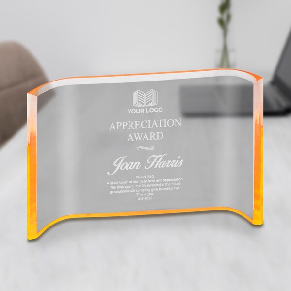 Personalized Clear Acrylic Crescent Award, Employee Award, Award for Church, Retirement Appreciation, Custom Award Plaques