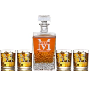 Personalized Whiskey Decanter Set: Engraved Decanter & 4 Glasses - Miller Design