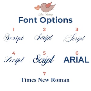 May include: A graphic showing seven different font options for a personalized gift. The fonts are numbered 1 through 7. The fonts include script and Times New Roman.