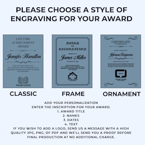 May include: Three different styles of award plaques are shown. The first is a classic style with a book logo and the text "Lifetime Achievement Award". The second is a framed style with a house logo and the text "Award of Recognition". The third is an ornate style with a speech bubble logo and the text "Certificate of Appreciation".