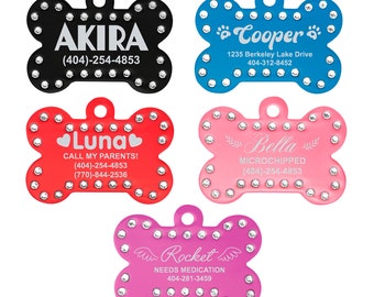 Etiqueta de identificación personalizada para mascotas con forma de hueso brillante: aluminio grabado con cristales de Swarovski