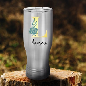 Personalized Floral Initial 20 oz. Insulated Pilsner Tumbler, Custom Travel Tumbler, To Go Coffee Mug, Full Color custom