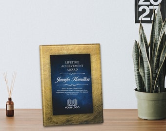 Placa de premio personalizada de acrílico dorado y azul: Grabado personalizado