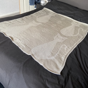 Op de afbeelding: Een grijs gebreid deken met een patroon van katten en pentagrammen. Het deken ligt op een zwart bed.