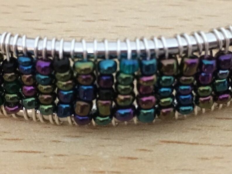 Adult Silver Plated Bracelet Frame with Threaded Wire Wrapped Pink or Peacock Shades of Seed Beads