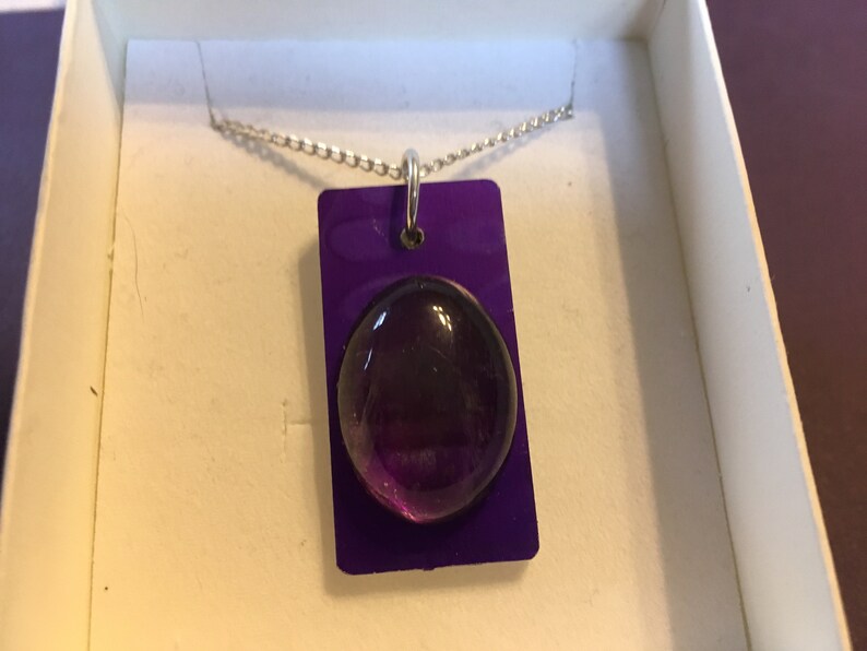 Blue or Purple Rectangular Shaped Aluminium Pendants with Labradorite or Fluorite Cabochon /& 17 Silver Plated Chains Hand Dyed