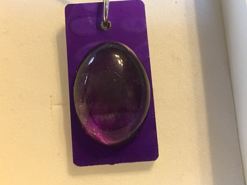 Blue or Purple Rectangular Shaped Aluminium Pendants with Labradorite or Fluorite Cabochon /& 17 Silver Plated Chains Hand Dyed