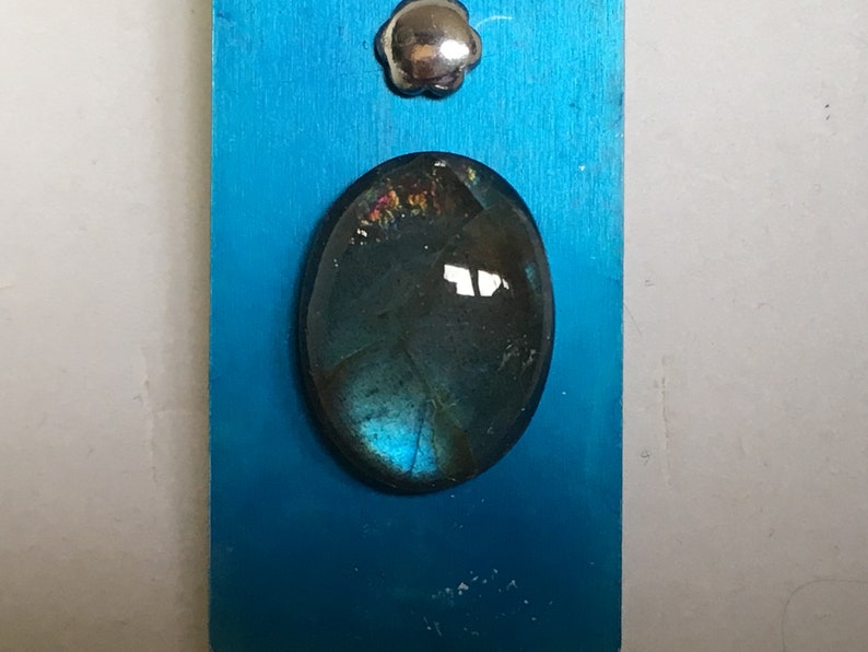 Blue or Purple Rectangular Shaped Aluminium Pendants with Labradorite or Fluorite Cabochon /& 17 Silver Plated Chains Hand Dyed