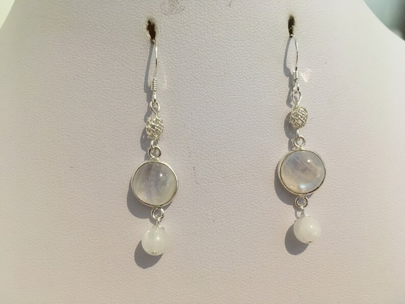 White Moonstone /& Silver Filigree Bead Dangle Earrings with Sterling Silver Hooks Sterling Silver Rainbow Moonstone Bezel