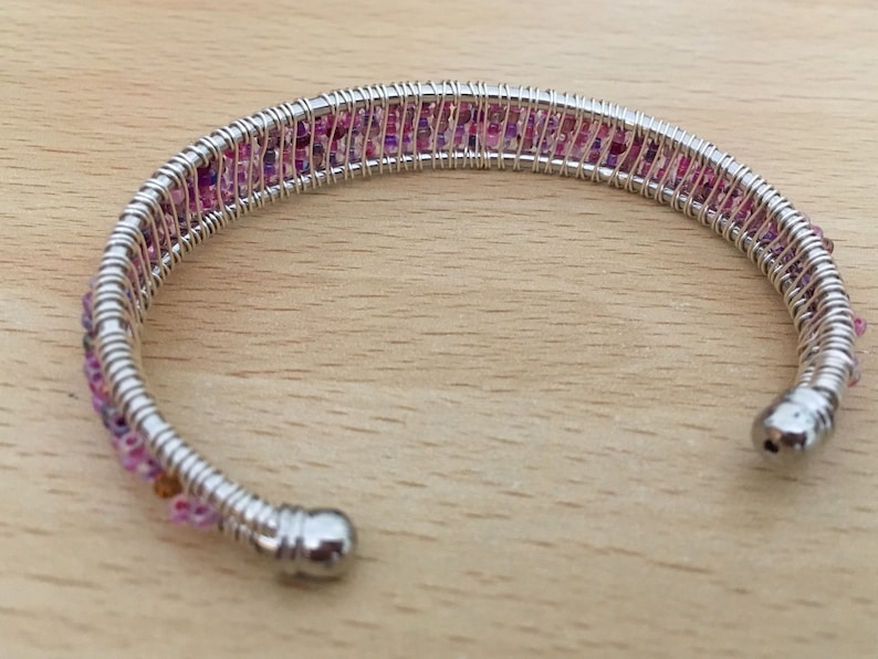 Adult Silver Plated Bracelet Frame with Threaded Wire Wrapped Pink or Peacock Shades of Seed Beads