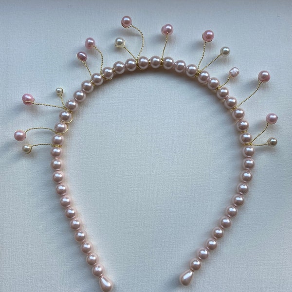 Light Pink Shell Pearl, Freshwater Cultured Pink Potato Pearl and White Shell Pearl Bead Headband