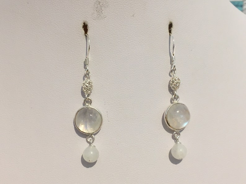 White Moonstone /& Silver Filigree Bead Dangle Earrings with Sterling Silver Hooks Sterling Silver Rainbow Moonstone Bezel