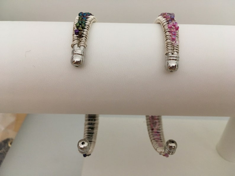 Adult Silver Plated Bracelet Frame with Threaded Wire Wrapped Pink or Peacock Shades of Seed Beads
