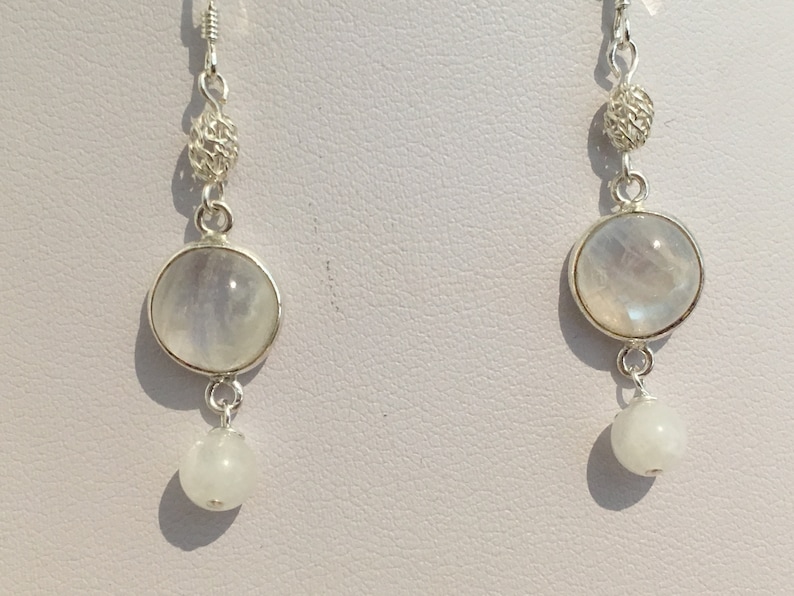 White Moonstone /& Silver Filigree Bead Dangle Earrings with Sterling Silver Hooks Sterling Silver Rainbow Moonstone Bezel