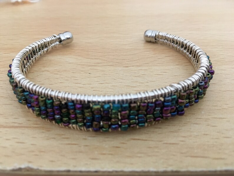 Adult Silver Plated Bracelet Frame with Threaded Wire Wrapped Pink or Peacock Shades of Seed Beads