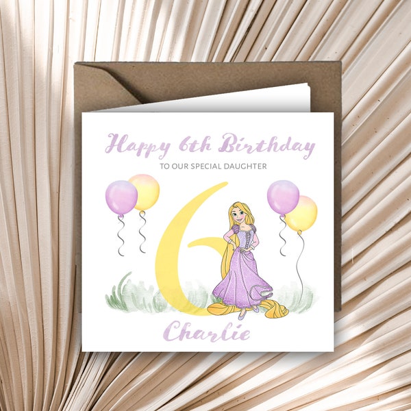 Carte d'anniversaire personnalisée imprimée pour 1er, 2e, 3e anniversaire, princesse Raiponce, tout âge, fille, nièce, sœur, petite-fille