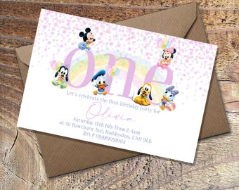 Printed 1st Birthday invitations,Cute Mickey Mouse, Minnie Mouse baby characters,  Pink or Blue packs of 10