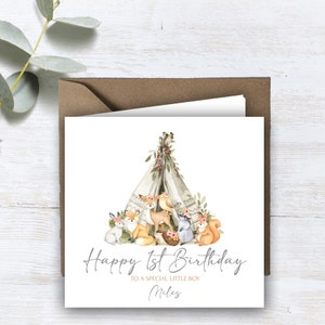 Personalised Printed 1st Birthday Card Cute Woodland Animals Wild One Teepee Daughter Son Grandson Nephew Sister