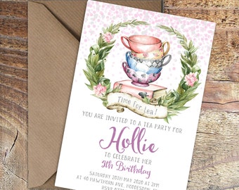 Printed Tea Party Teacup Cute Birthday invitations, Any age invites, Watercolour wreath, Packs of 10