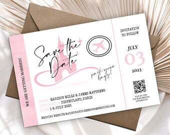 Printed Personalised Save the Dates, Wedding Invitations, Destination Disneyland Paris Ticket Style, Packs of 10