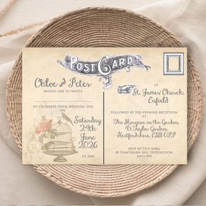 Faire-part de mariage personnalisés imprimés, lot de 10 cartes postales vintage cage à oiseaux