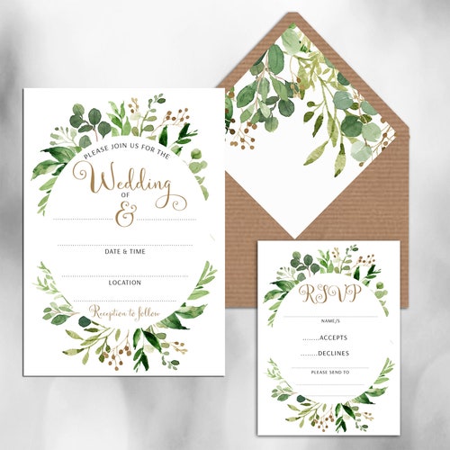 Faire-part de mariage imprimé, faire-part de soirée, couronne de feuilles vertes, paquet de 10 invitations vierges de verdure