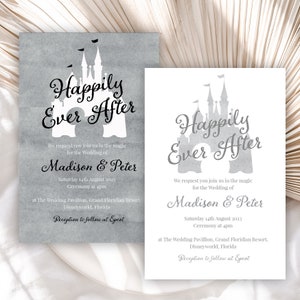 Printed Personalised Wedding Invitations, Disney Castle,Happily Ever After, Grey & White Packs of 10