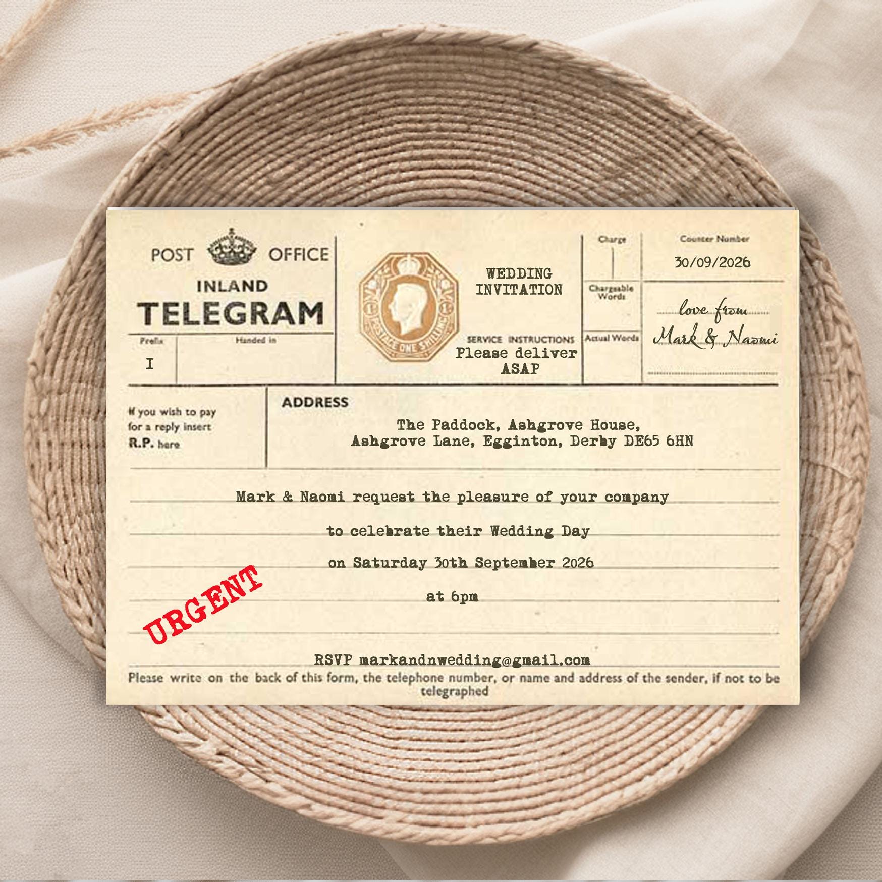 Printed Personalised Wedding Invitations, Vintage British Telegram Packs of 10