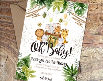 Printed 1st Birthday invitations,Cute animals, jungle print, oh baby, packs of 10