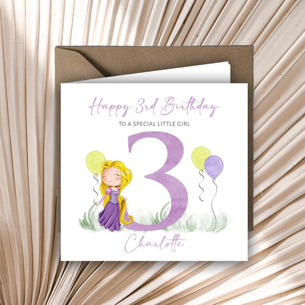 Carte d'anniversaire personnalisée imprimée pour 1er, 2e, 3e anniversaire, princesse Raiponce, tout âge, fille, nièce, sœur, petite-fille