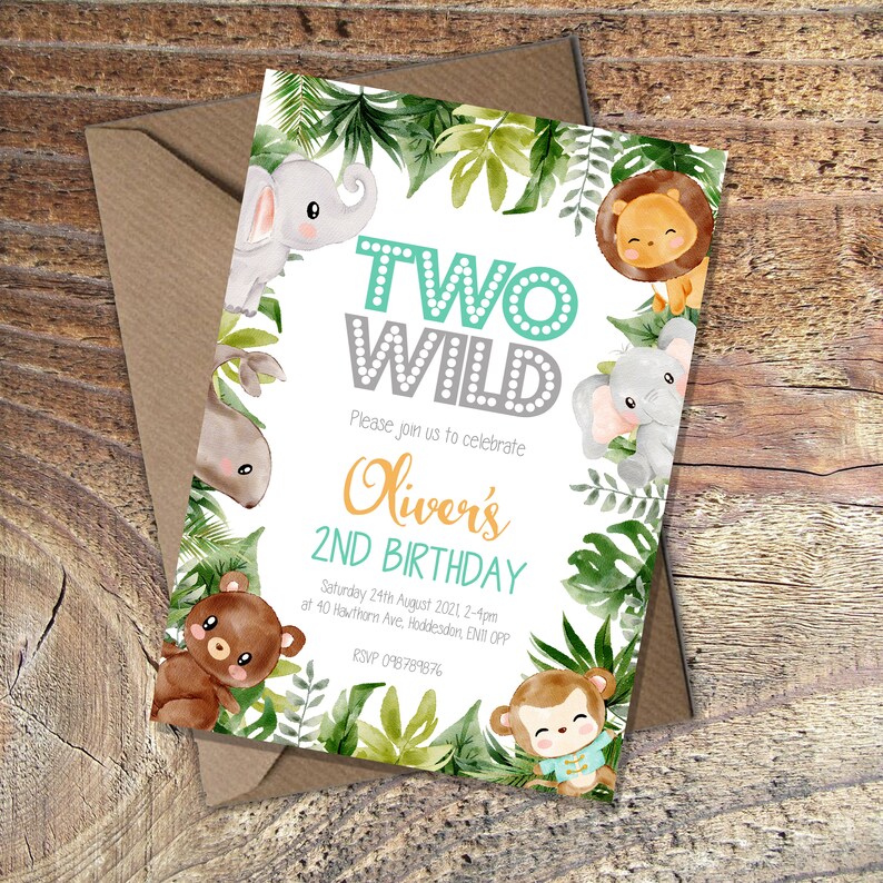Printed 2nd Birthday invitationsCute animals jungle printcircus animals two wild peach or green packs of 10