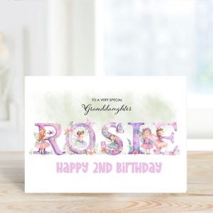 Biglietto di auguri di compleanno personalizzato per bambine con fate carine, per qualsiasi età, per figlio, figlia, nipote.