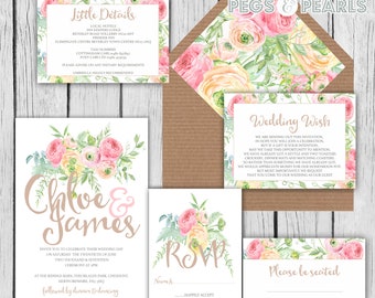 Printed Personalised Wedding Invitations, Pastel Pink & Yellow Rose floral, Packs of 10