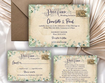 Printed Personalised Wedding Invitations, Eucalyptus Vintage Postcard, Greenery Foliage,Packs of 10