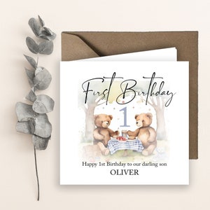 Carte personnalisée 1er anniversaire imprimée avec ours en peluche, pique-nique mignon nounours, fils, petit-fils, fille, petite-fille