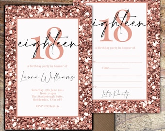 Gedruckte 18. Geburtstag Einladungen, Rose Gold Glitter Effekt, personalisiert oder leer lädt, Packung mit 10