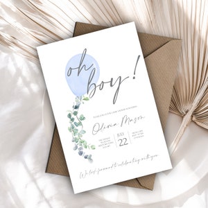 Inviti stampati per baby shower, Oh Boy! Baby Blue Balloon Boho e Eucalyptus confezioni da 10