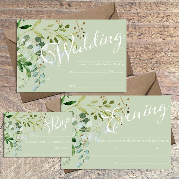 Printed Blank Wedding Invitations Evening Invitations, Sage green leaves foliage invitations, blank invites pack of 10