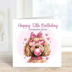 Carte d'anniversaire imprimée personnalisée chien mignon, chiot mignon, chiot rose, cockapoo tout âge fille nièce soeur petite-fille